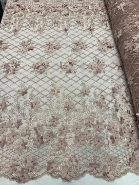 3D Floral Pearl Beaded Embroidery Lace Fabric | Mesh Fabric