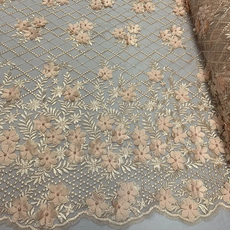 3D Floral Pearl Beaded Embroidery Lace Fabric | Mesh Fabric