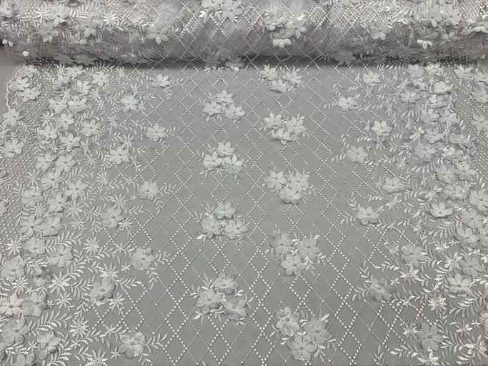 3D Floral Pearl Beaded Embroidery Lace Fabric | Mesh Fabric