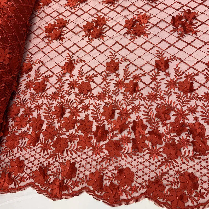 3D Floral Pearl Beaded Embroidery Lace Fabric | Mesh Fabric