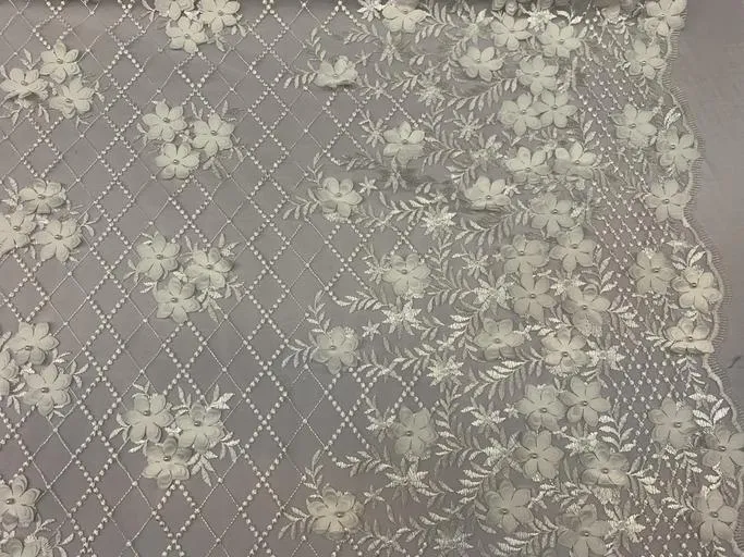 3D Floral Pearl Beaded Embroidery Lace Fabric | Mesh Fabric