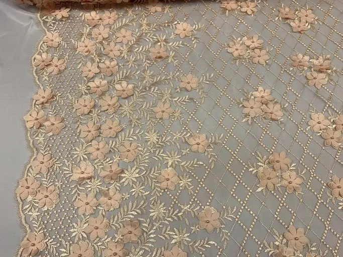 3D Floral Pearl Beaded Embroidery Lace Fabric | Mesh Fabric