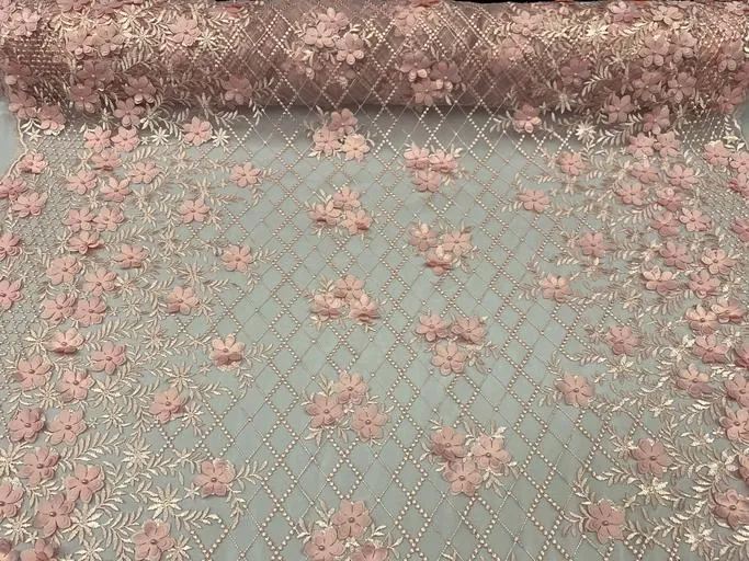 3D Floral Pearl Beaded Embroidery Lace Fabric | Mesh Fabric