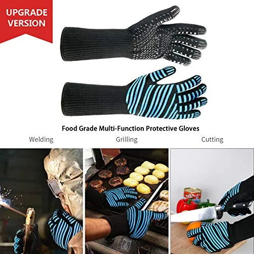 932℉ Extreme Heat Resistant BBQ Gloves, Food Grade Kitchen Oven Mitts - Flexible Oven Gloves, Silicone Non-Slip Cooking Hot Glove for Grilling, Baking (Blue, Palm Width 3.8 in)