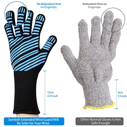 932℉ Extreme Heat Resistant BBQ Gloves, Food Grade Kitchen Oven Mitts - Flexible Oven Gloves, Silicone Non-Slip Cooking Hot Glove for Grilling, Baking (Blue, Palm Width 3.8 in)