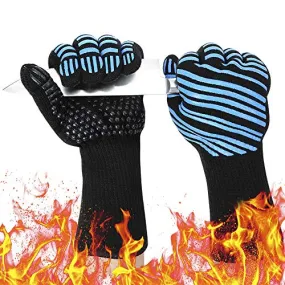 932℉ Extreme Heat Resistant BBQ Gloves, Food Grade Kitchen Oven Mitts - Flexible Oven Gloves, Silicone Non-Slip Cooking Hot Glove for Grilling, Baking (Blue, Palm Width 3.8 in)