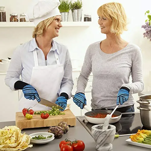 932℉ Extreme Heat Resistant BBQ Gloves, Food Grade Kitchen Oven Mitts - Flexible Oven Gloves, Silicone Non-Slip Cooking Hot Glove for Grilling, Baking (Blue, Palm Width 3.8 in)