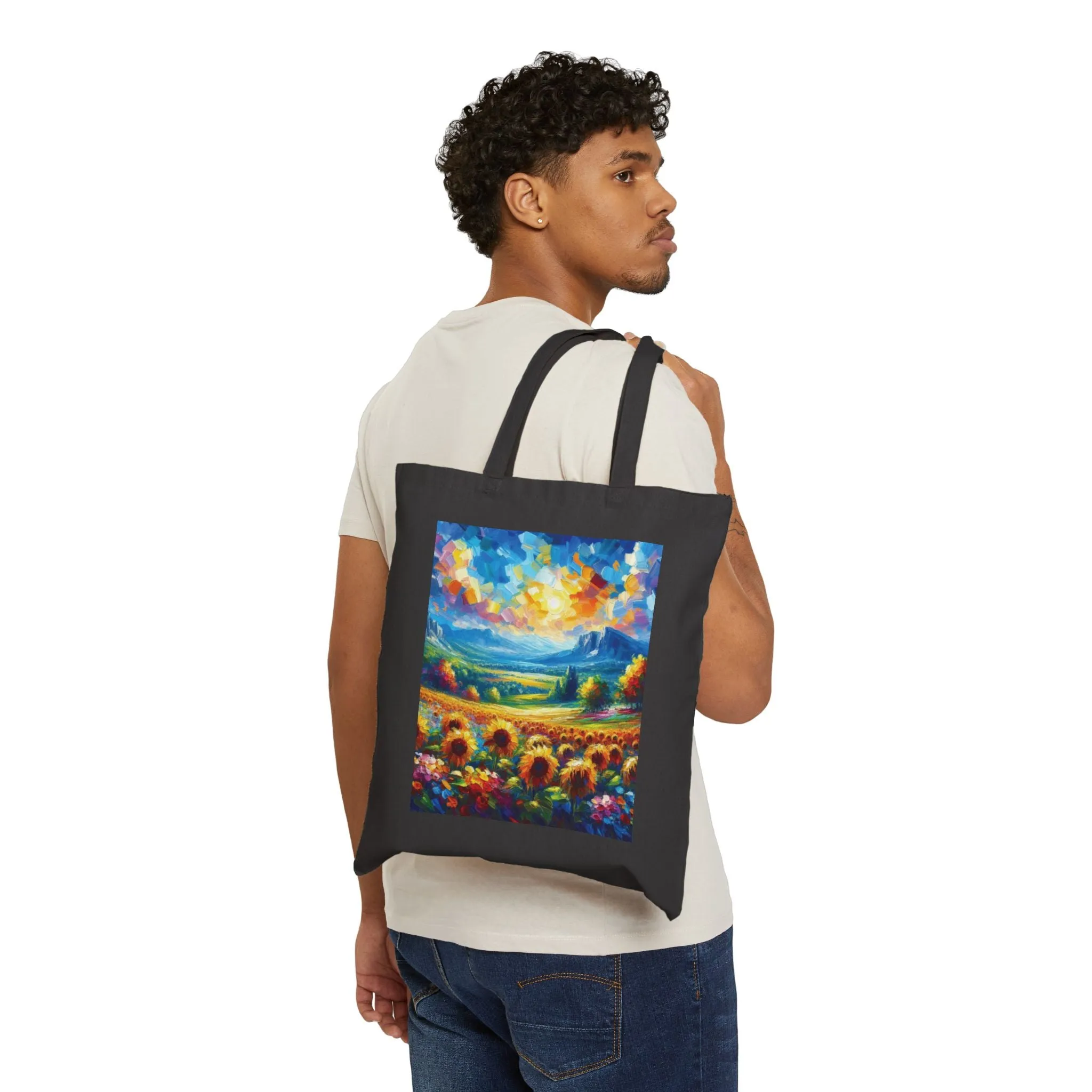 A field of sunflowers on a summer day, vibrant colors Cotton Canvas Tote Bag