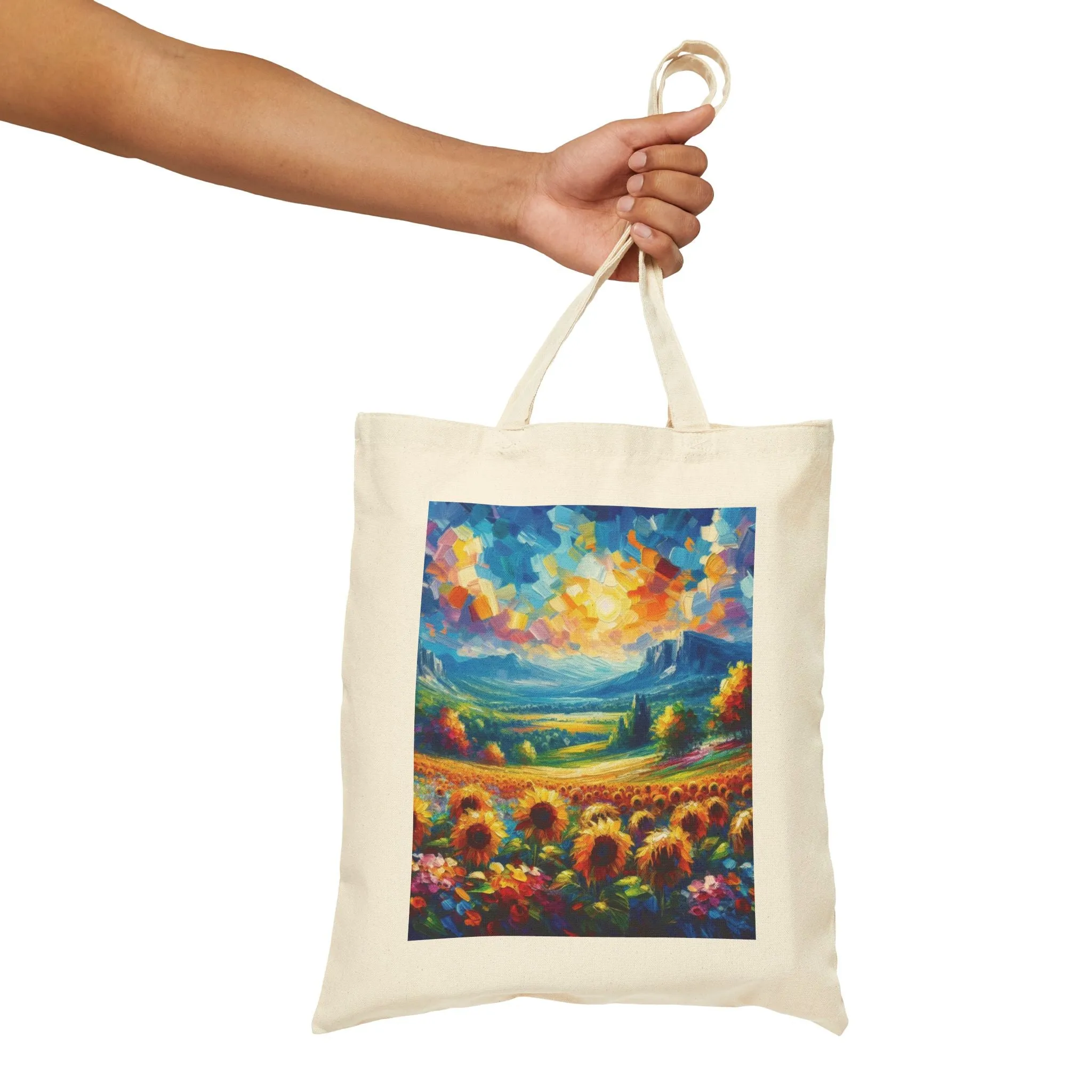 A field of sunflowers on a summer day, vibrant colors Cotton Canvas Tote Bag