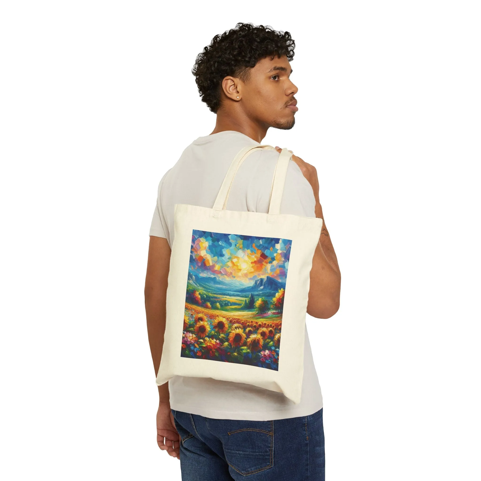 A field of sunflowers on a summer day, vibrant colors Cotton Canvas Tote Bag