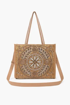 Boho Beaded Market Tote with Crossbody-Beige Medallion