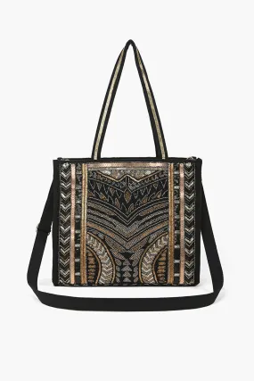 Boho Beaded Market Tote with Crossbody-Black Aztec