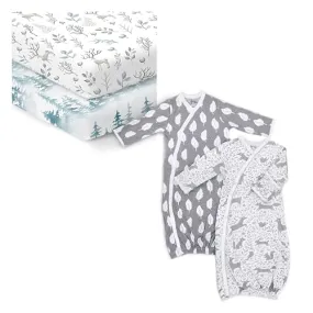 Cambria Baby Gift Set - Organic Cotton Crib Sheets & Kimono Gowns, Gender Neutral Patterns - 0-6 Mo