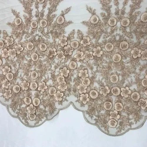 Champagne Mini Flowers With Beads Floral Luxury Embroidery Mesh Lace Fabric For Bridal Gowns