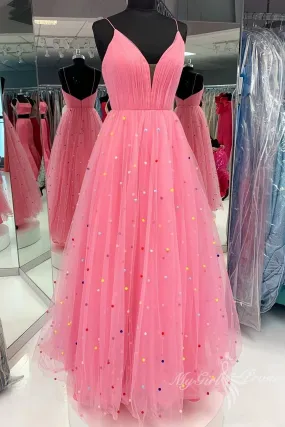 Charming A-Line Pink Tulle Long Prom Dress Long Formal Dresses GP459