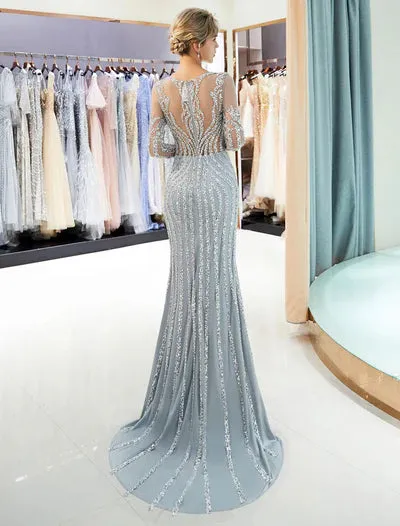 Charming Evening Dresses Long Sleeve Light Grey Mermaid Beading Illusion Luxury Formal Gowns