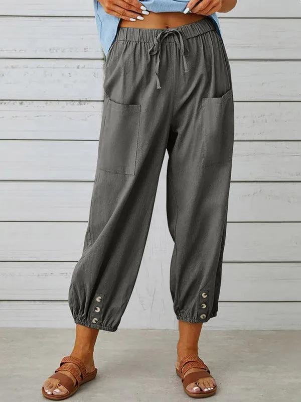 Chic High-Waisted Cotton-Linen Wide Leg Trousers for Women - Effortless Elegance