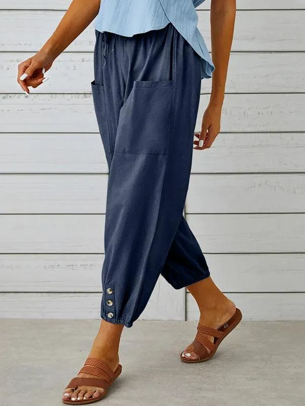 Chic High-Waisted Cotton-Linen Wide Leg Trousers for Women - Effortless Elegance