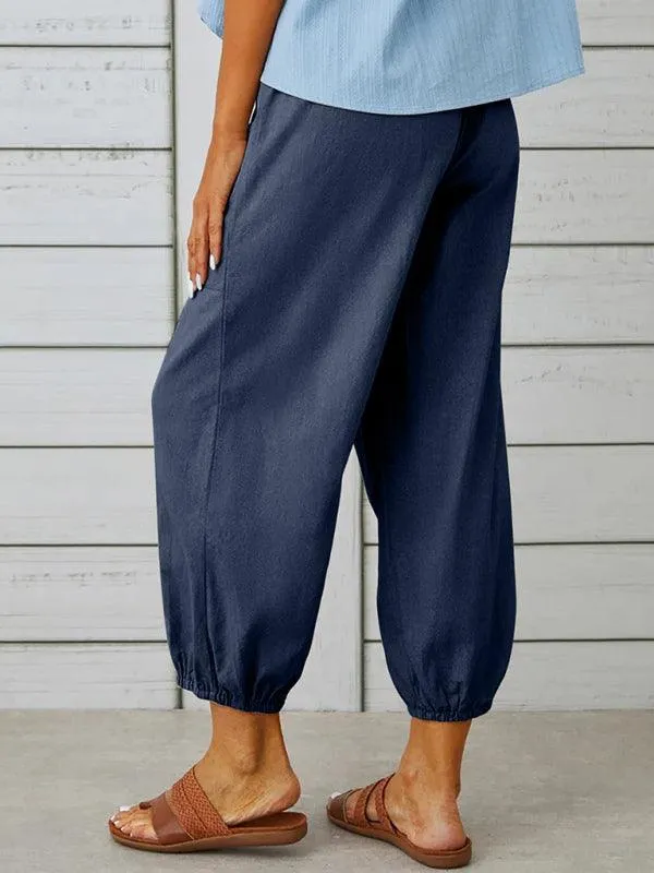 Chic High-Waisted Cotton-Linen Wide Leg Trousers for Women - Effortless Elegance