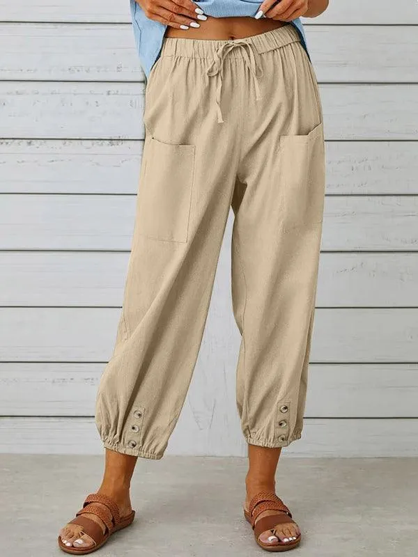 Chic High-Waisted Cotton-Linen Wide Leg Trousers for Women - Effortless Elegance