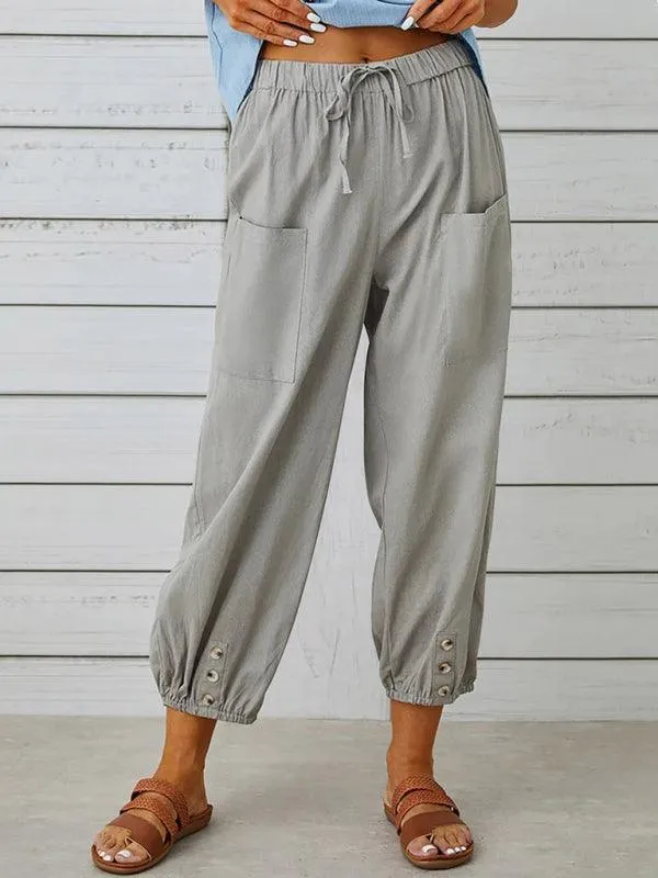 Chic High-Waisted Cotton-Linen Wide Leg Trousers for Women - Effortless Elegance