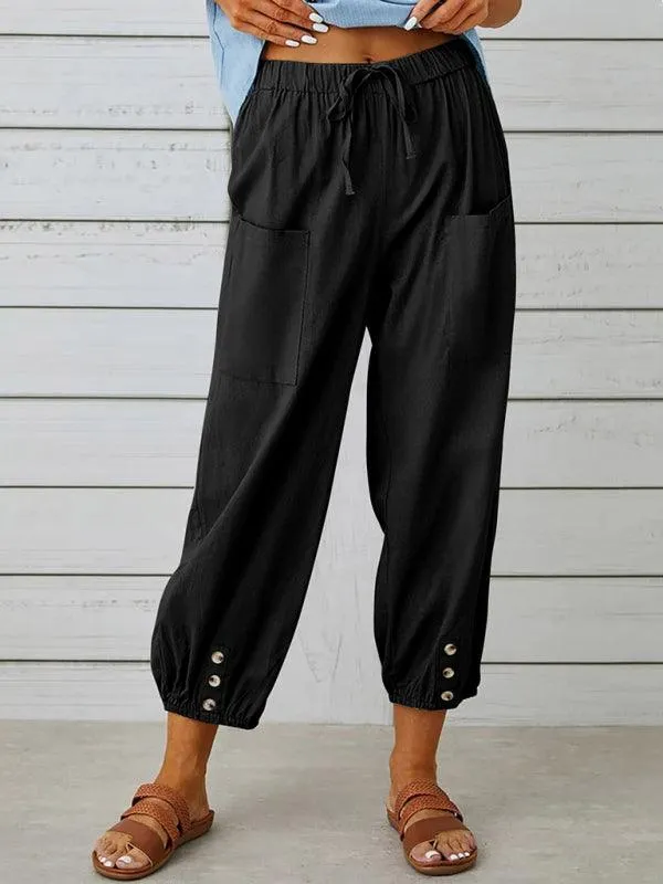 Chic High-Waisted Cotton-Linen Wide Leg Trousers for Women - Effortless Elegance