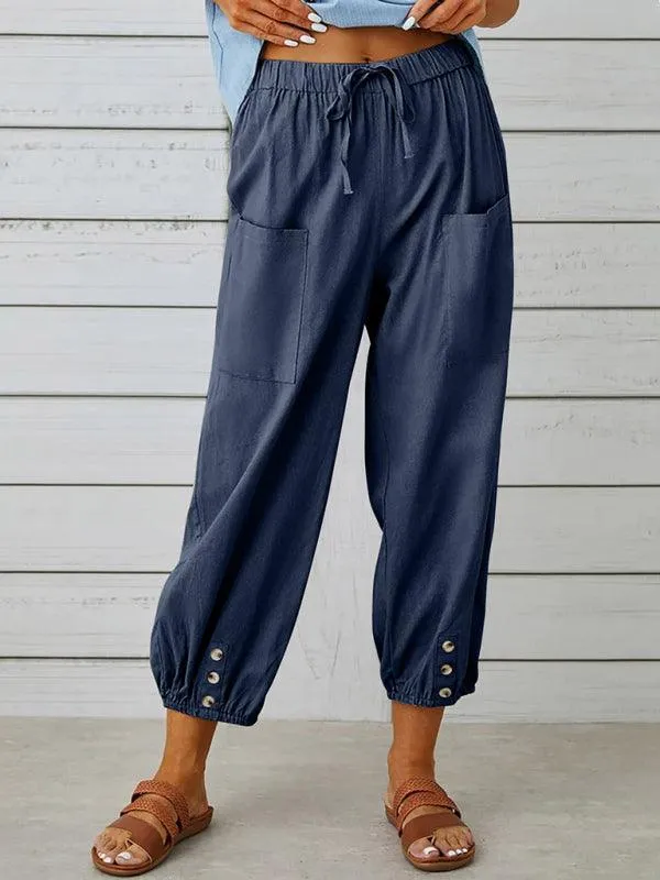 Chic High-Waisted Cotton-Linen Wide Leg Trousers for Women - Effortless Elegance