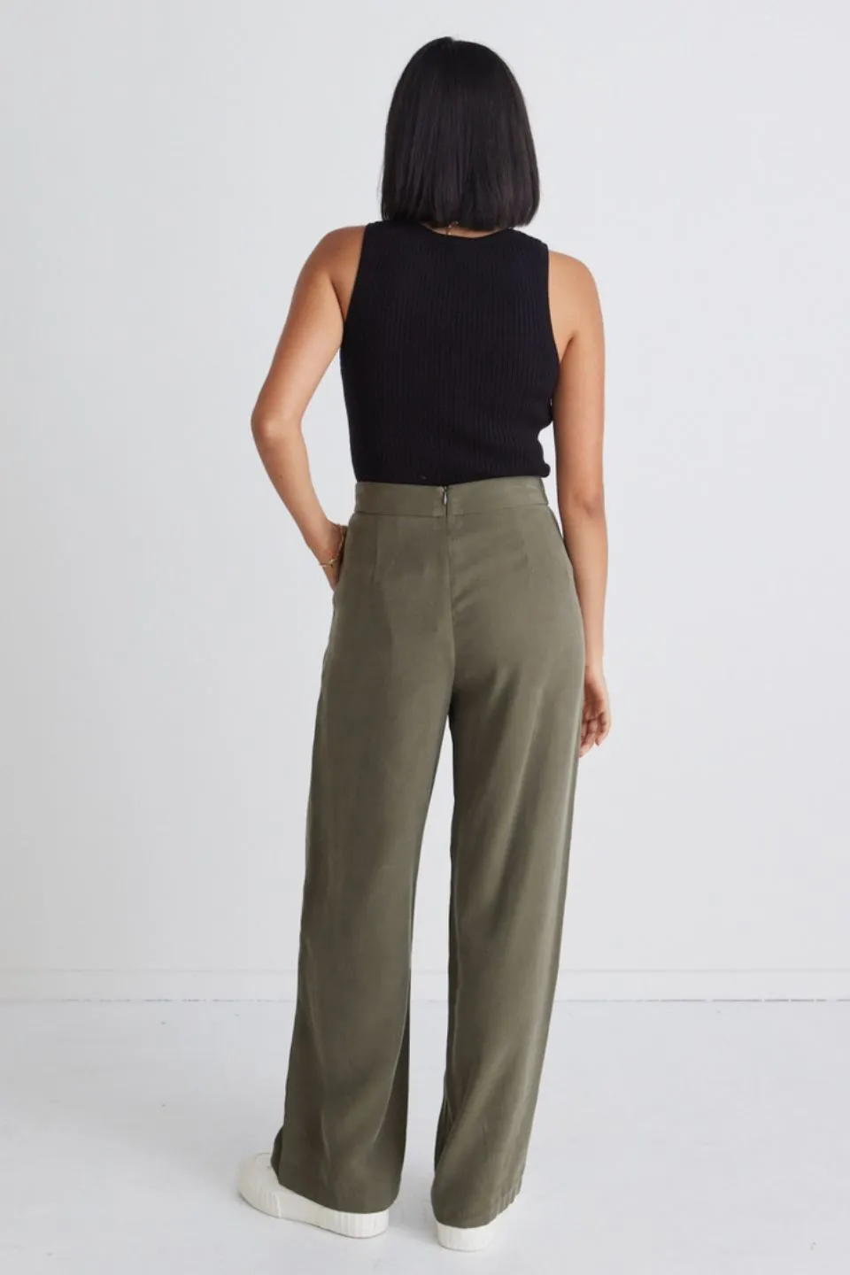 Effortless Khaki Viscose Deep Band Wide Leg Pant