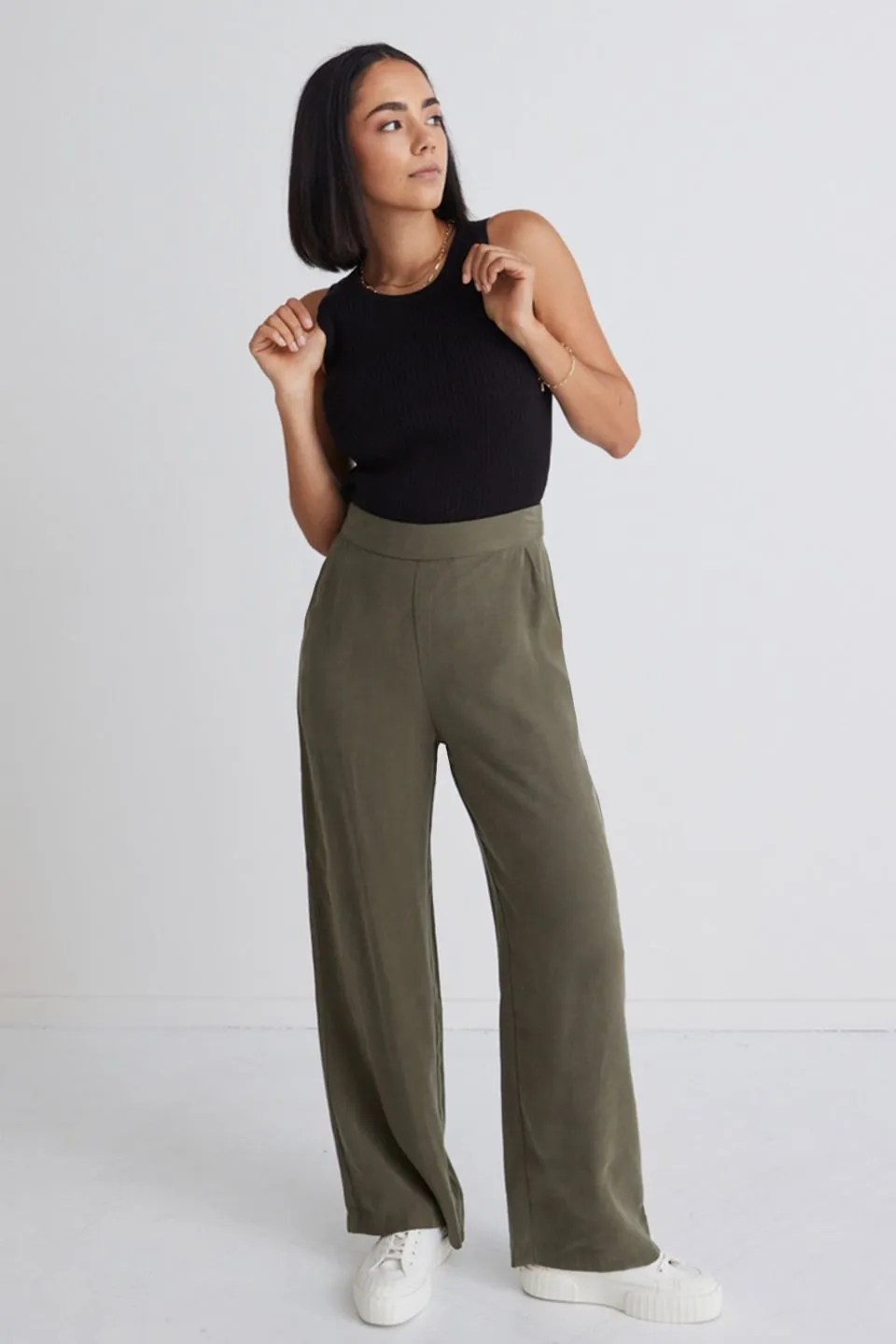 Effortless Khaki Viscose Deep Band Wide Leg Pant