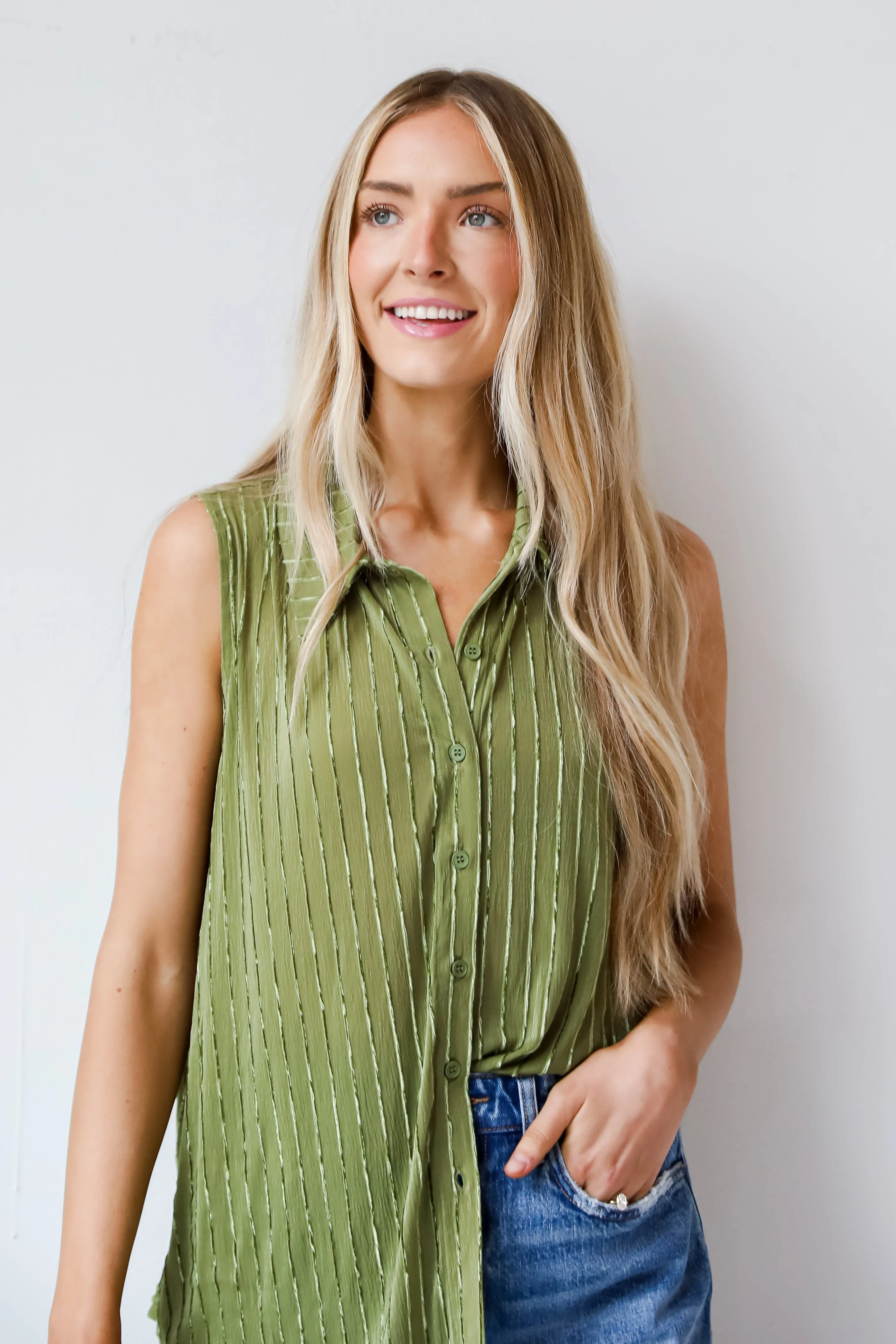 FINAL SALE - Endlessly Breezy Green Velvet Stripe Sleeveless Blouse