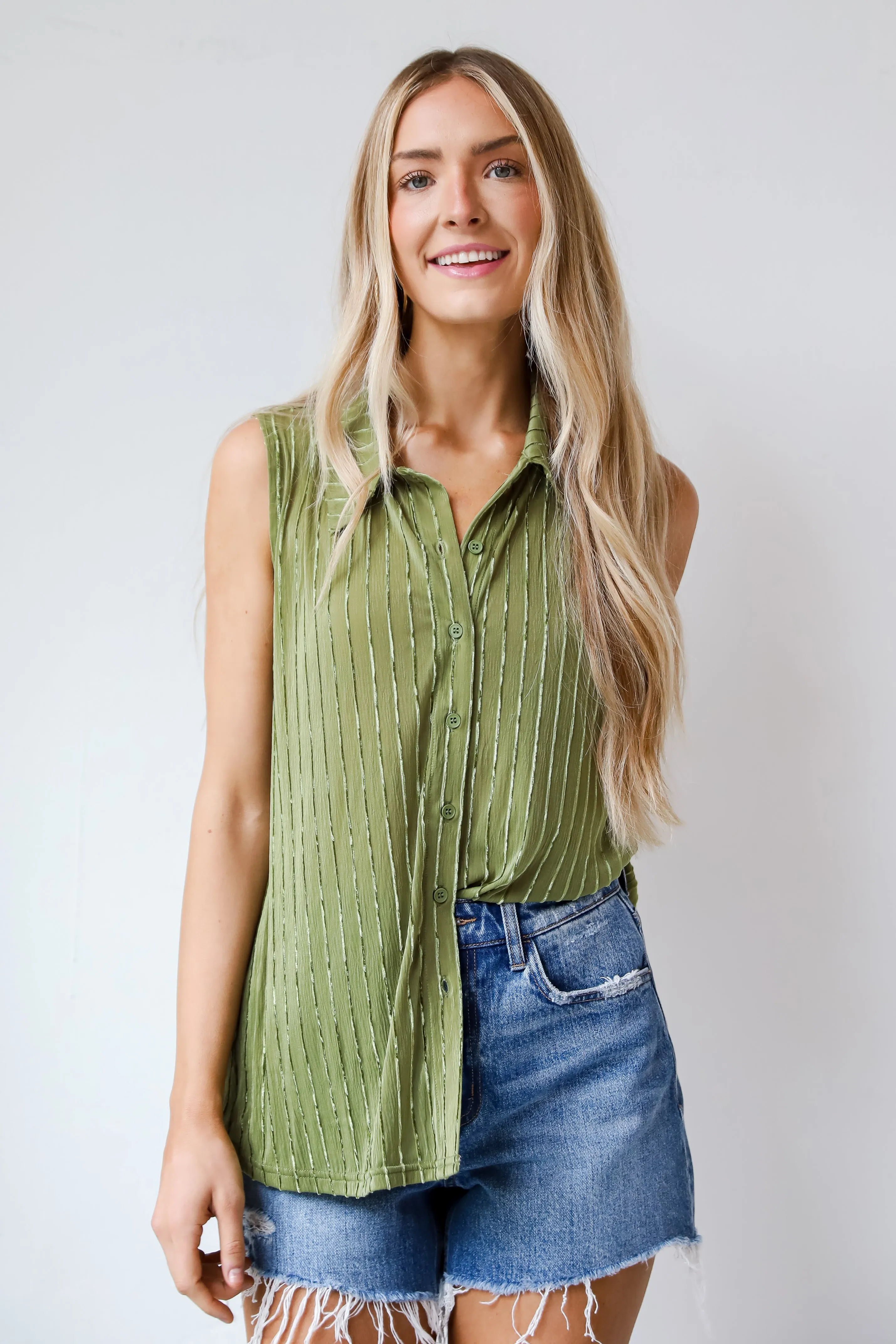 FINAL SALE - Endlessly Breezy Green Velvet Stripe Sleeveless Blouse