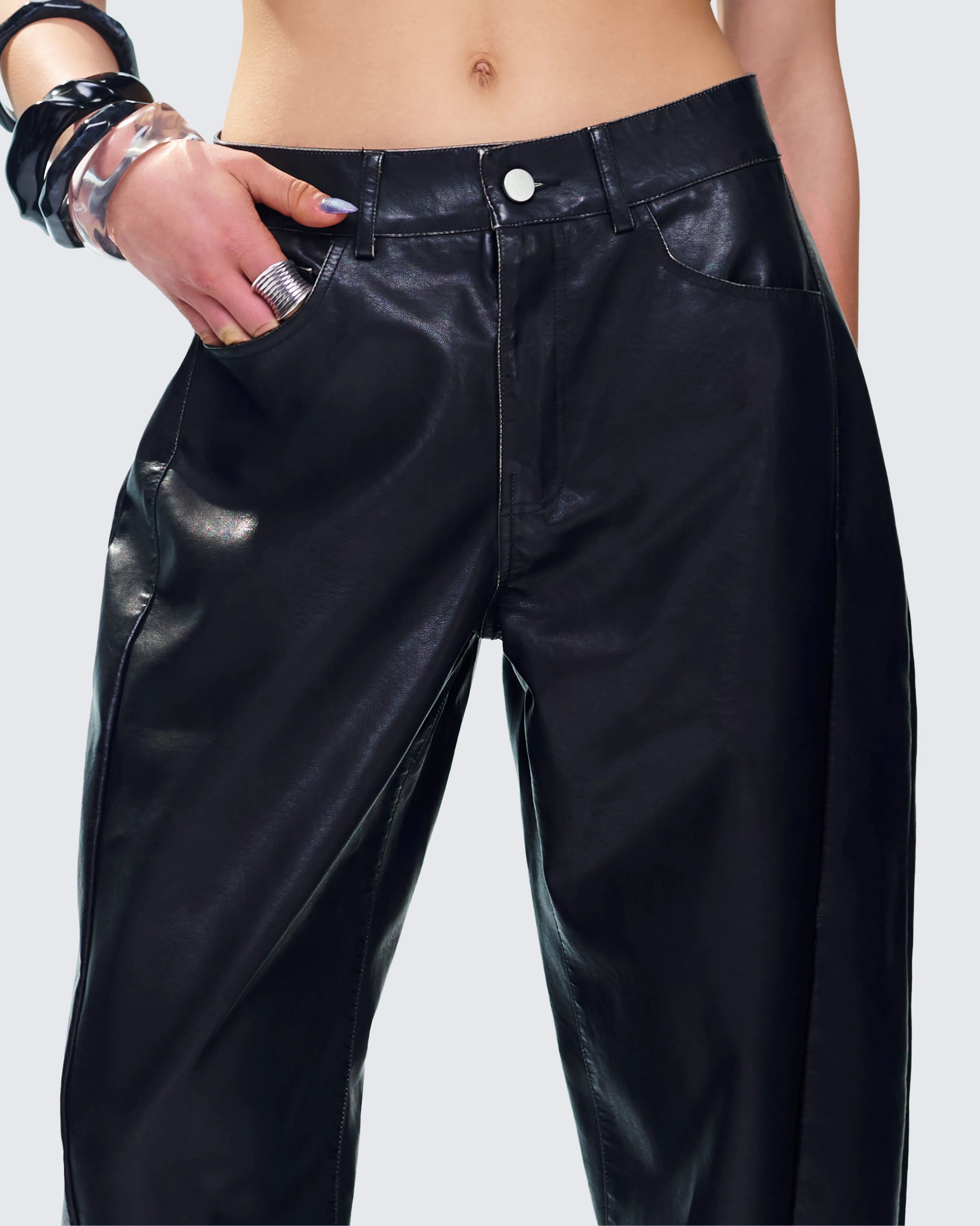 Flavia Black Vegan Leather Barrel Pant