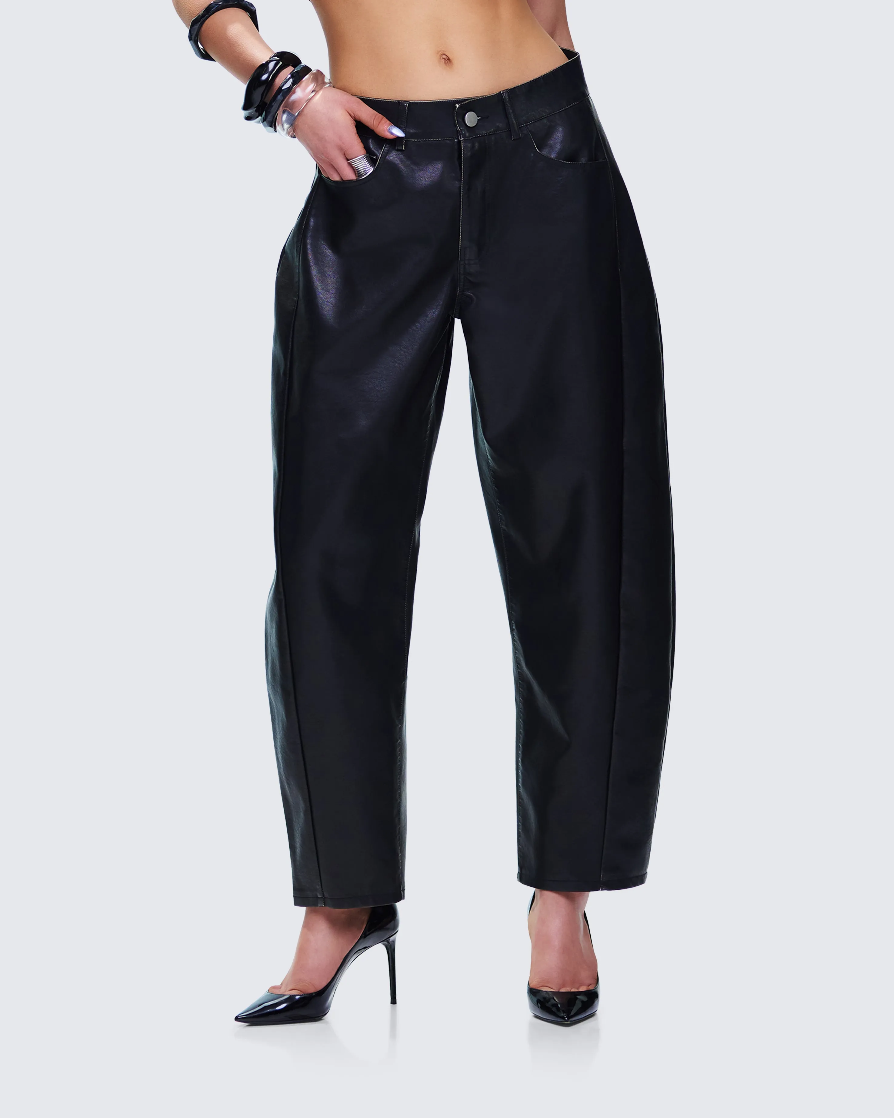 Flavia Black Vegan Leather Barrel Pant