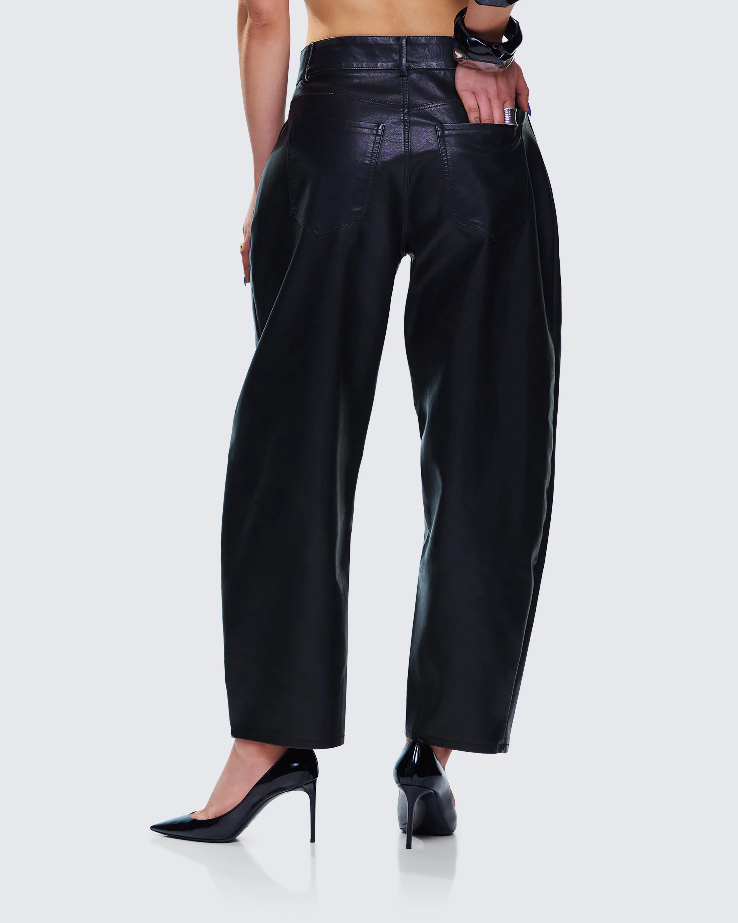 Flavia Black Vegan Leather Barrel Pant