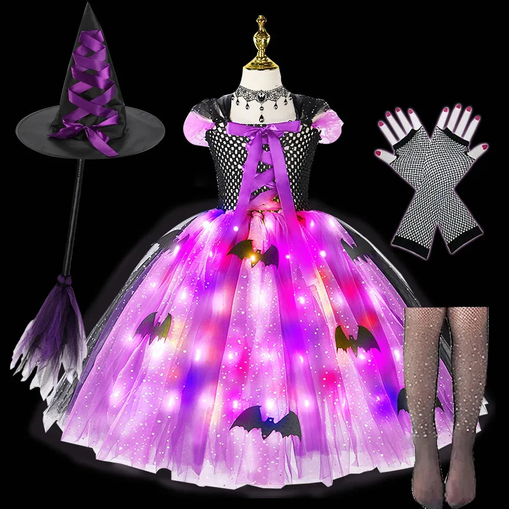 Halloween Girls LED Light Up Witch Costume Bat Tutu Dress Cosplay Carnival Disguise Party Toddler Kids Handmade Ball Gowns Dress🔥