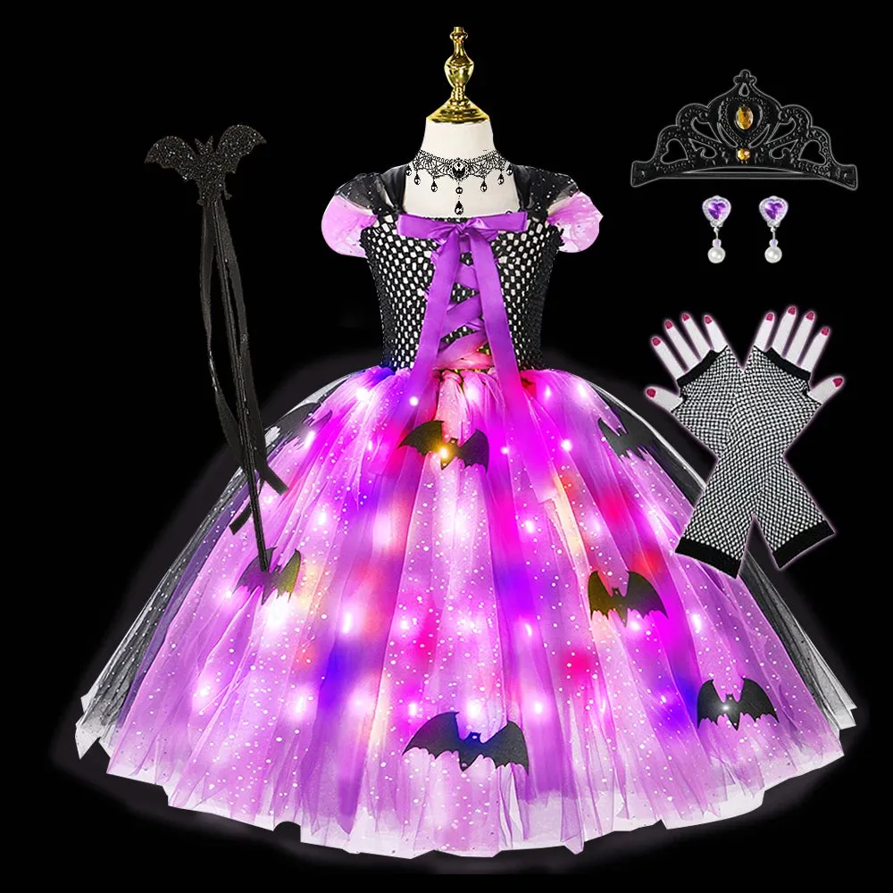 Halloween Girls LED Light Up Witch Costume Bat Tutu Dress Cosplay Carnival Disguise Party Toddler Kids Handmade Ball Gowns Dress🔥