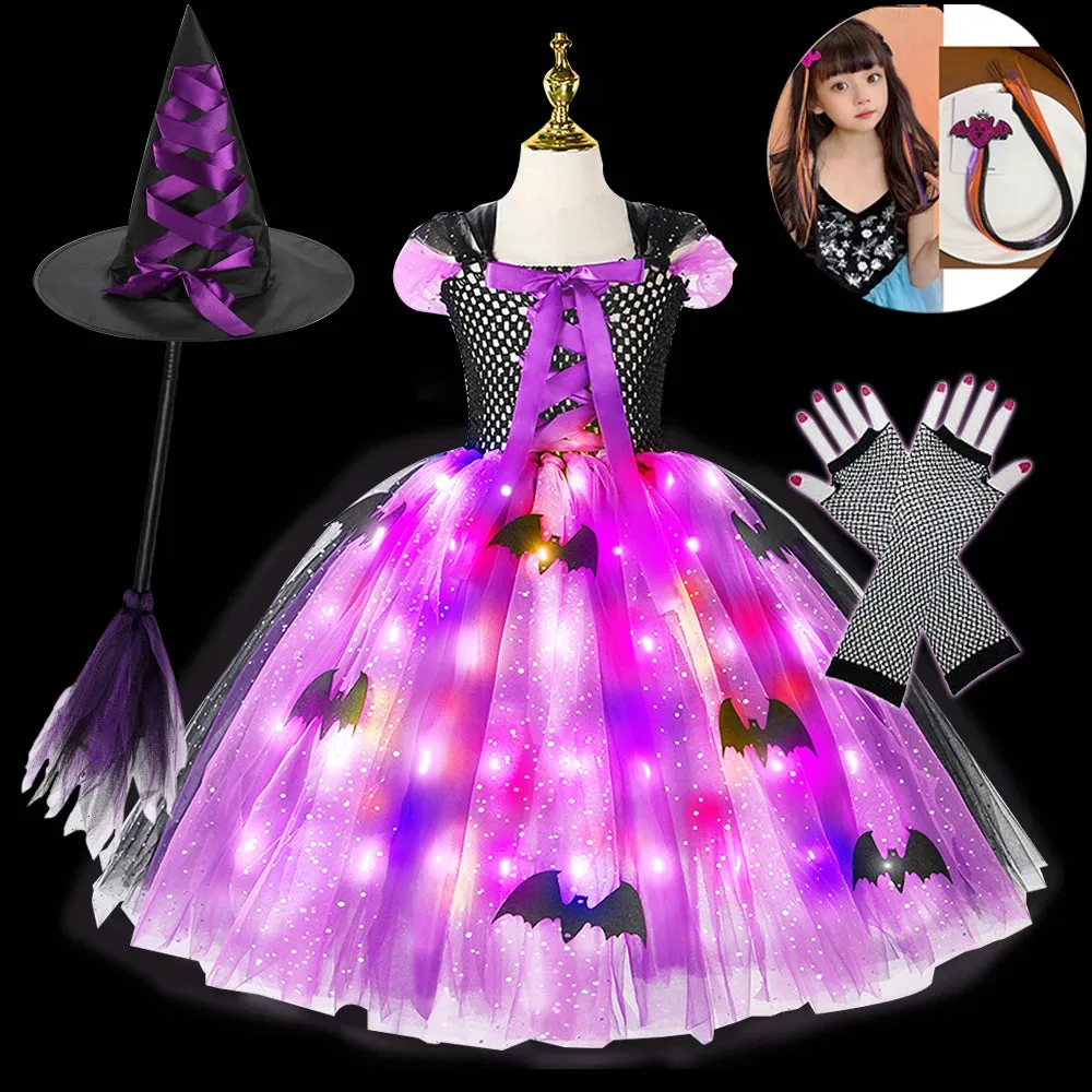 Halloween Girls LED Light Up Witch Costume Bat Tutu Dress Cosplay Carnival Disguise Party Toddler Kids Handmade Ball Gowns Dress🔥