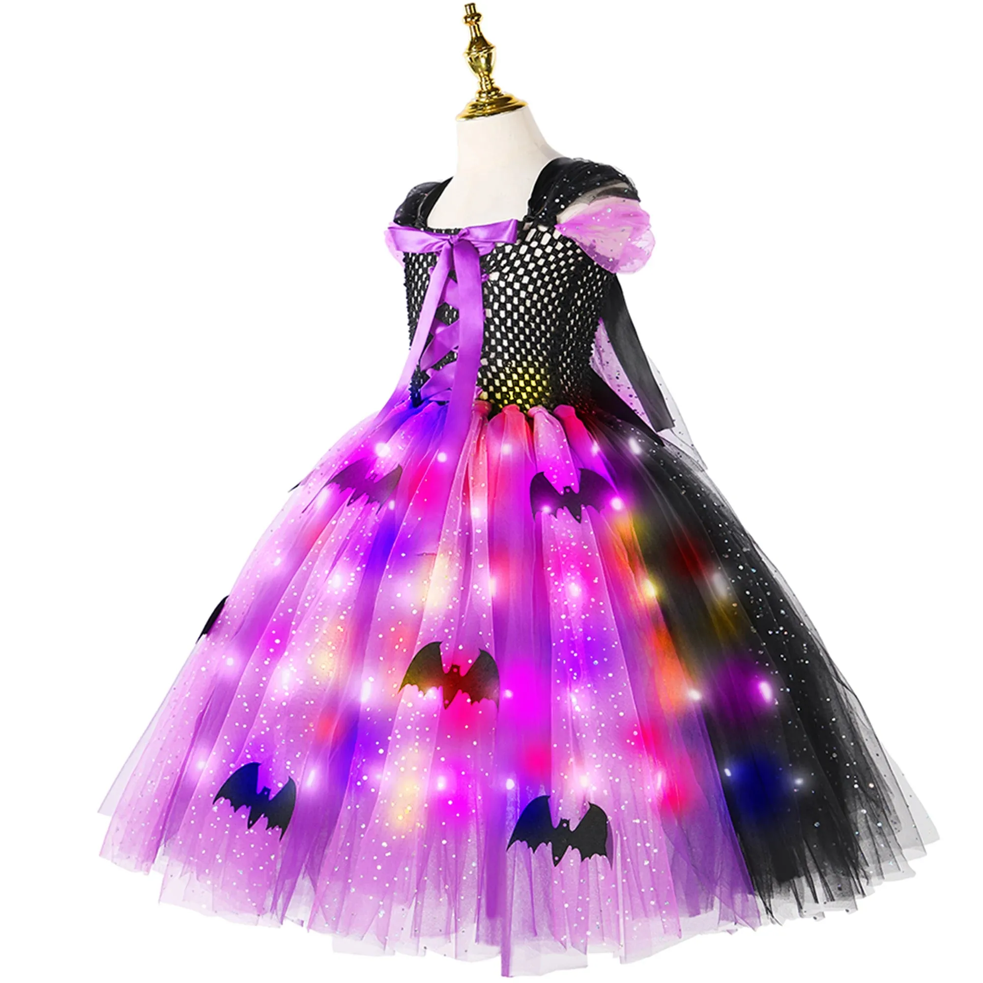 Halloween Girls LED Light Up Witch Costume Bat Tutu Dress Cosplay Carnival Disguise Party Toddler Kids Handmade Ball Gowns Dress🔥