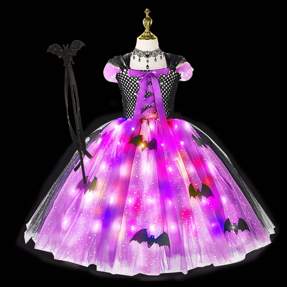 Halloween Girls LED Light Up Witch Costume Bat Tutu Dress Cosplay Carnival Disguise Party Toddler Kids Handmade Ball Gowns Dress🔥