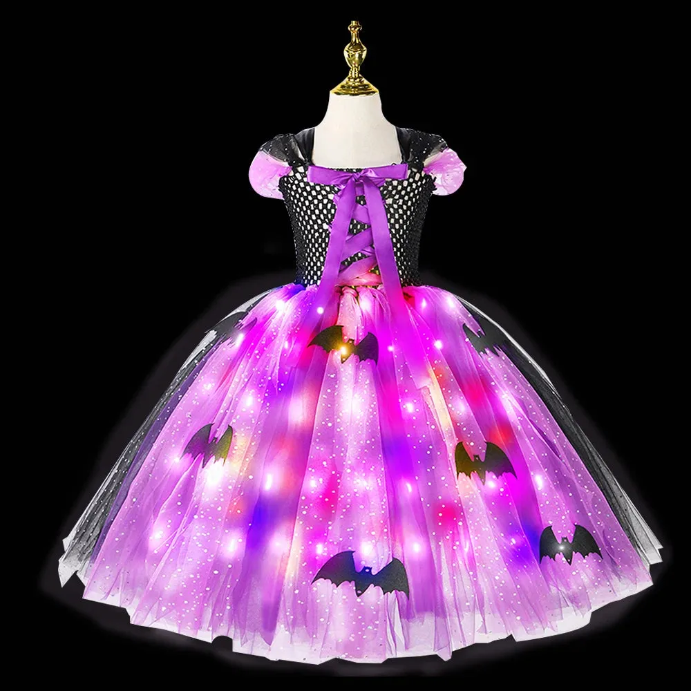 Halloween Girls LED Light Up Witch Costume Bat Tutu Dress Cosplay Carnival Disguise Party Toddler Kids Handmade Ball Gowns Dress🔥