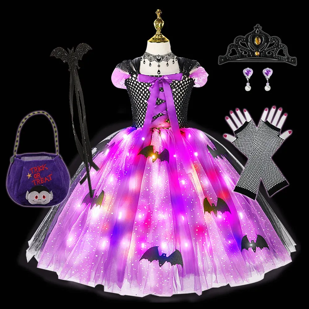 Halloween Girls LED Light Up Witch Costume Bat Tutu Dress Cosplay Carnival Disguise Party Toddler Kids Handmade Ball Gowns Dress🔥