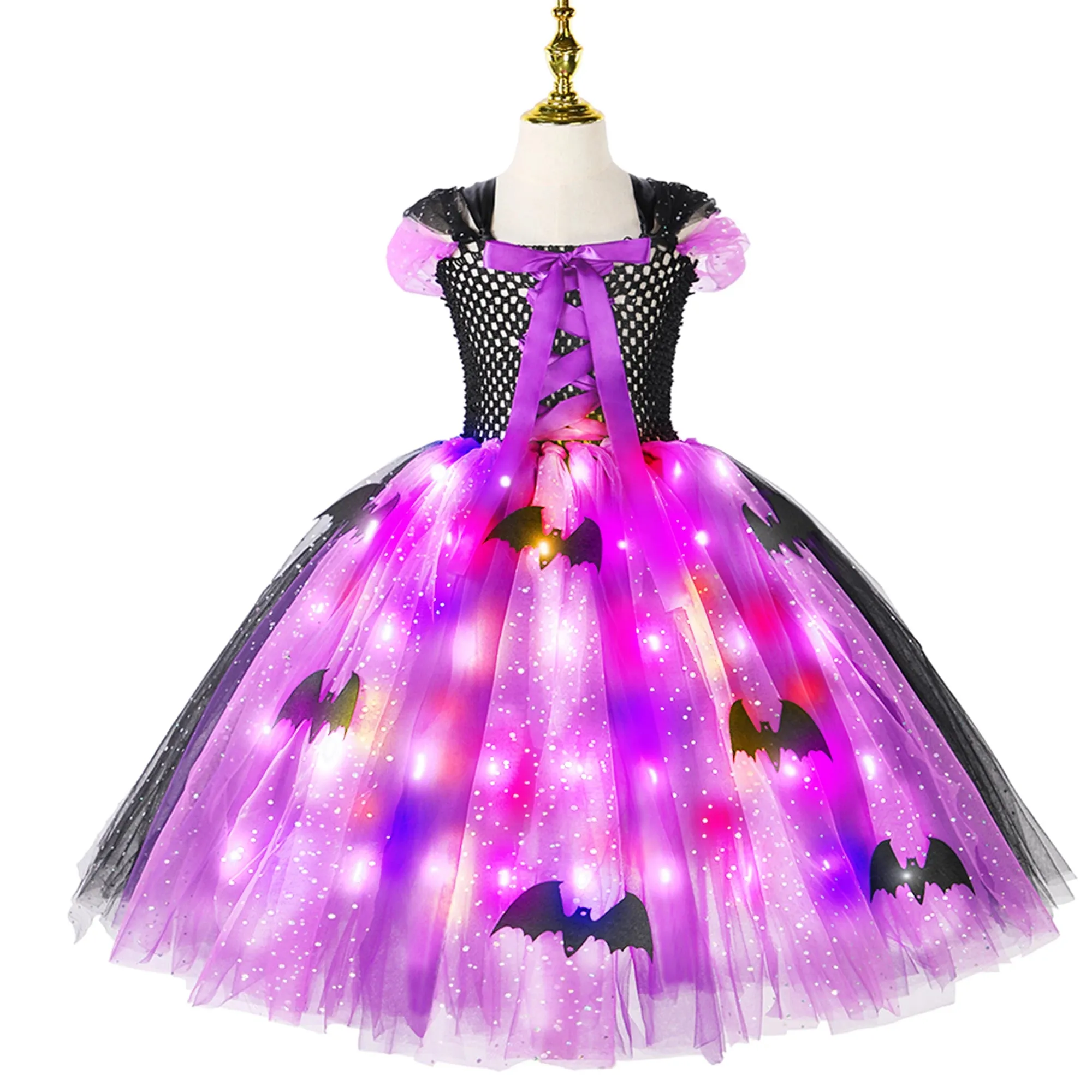 Halloween Girls LED Light Up Witch Costume Bat Tutu Dress Cosplay Carnival Disguise Party Toddler Kids Handmade Ball Gowns Dress🔥