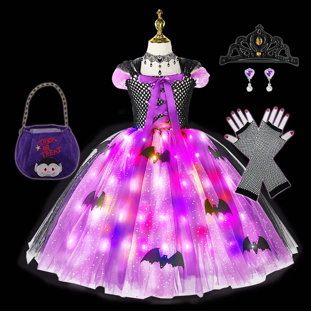 Halloween Girls LED Light Up Witch Costume Bat Tutu Dress Cosplay Carnival Disguise Party Toddler Kids Handmade Ball Gowns Dress🔥