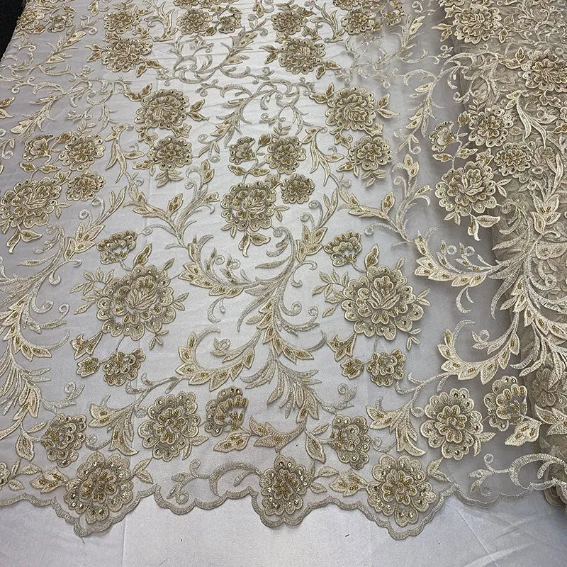 Hand Beaded Lace Fabric - Embroidery Floral Lace With Sequins And Flowers