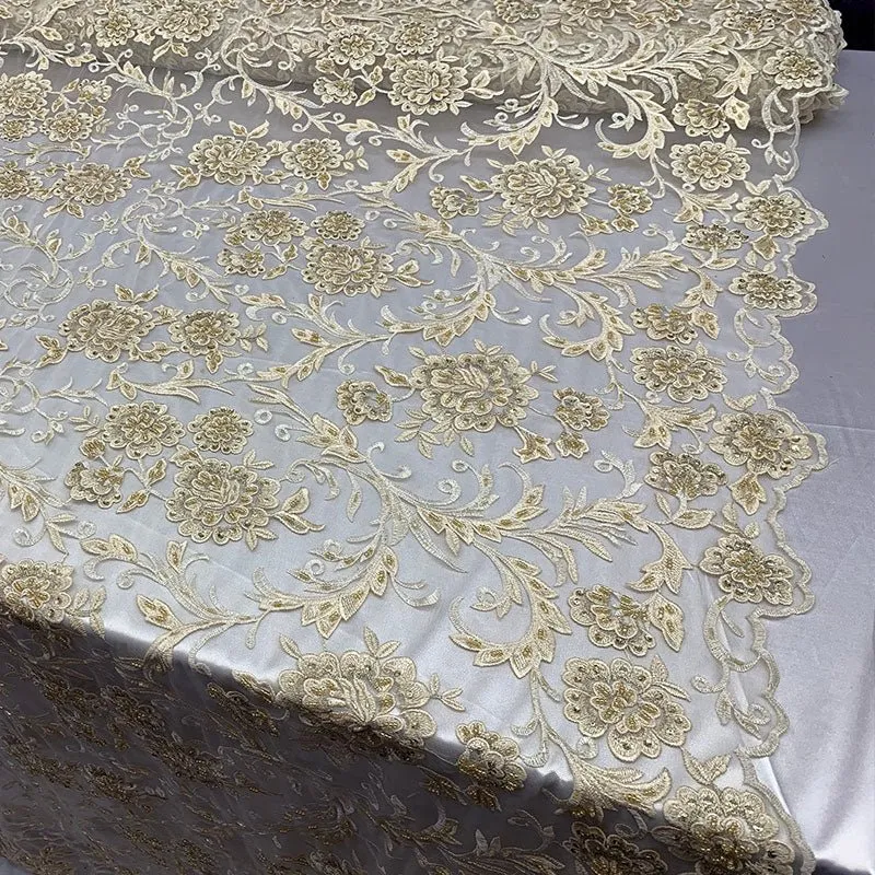 Hand Beaded Lace Fabric - Embroidery Floral Lace With Sequins And Flowers