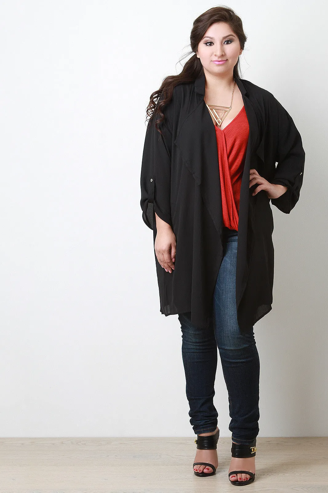 Longline Quarter Sleeve Chiffon Cardigan