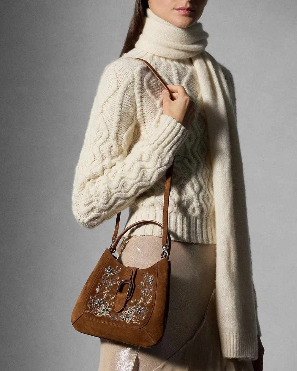 Mini Welington Embroidered Suede Hobo Bag in Nutmeg