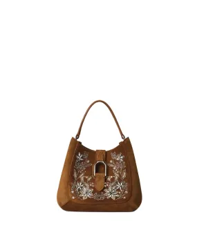 Mini Welington Embroidered Suede Hobo Bag in Nutmeg