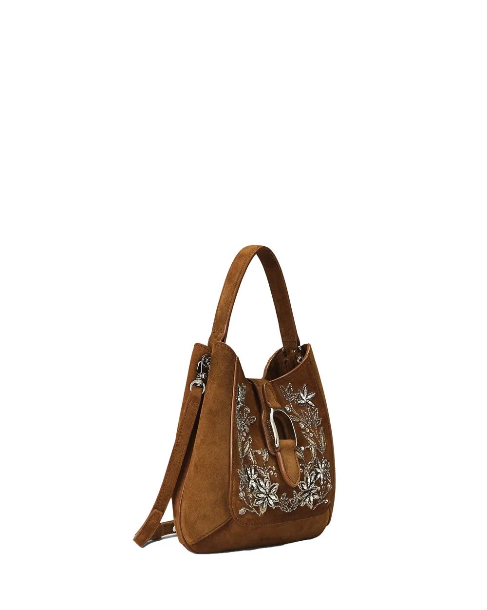 Mini Welington Embroidered Suede Hobo Bag in Nutmeg