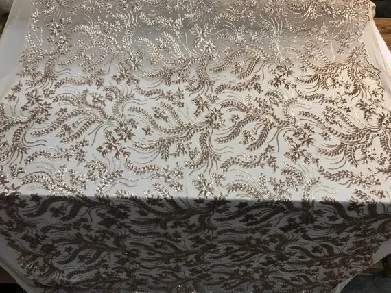 New Champagne Designed Embroidery Stretch Sequin 4 Way On A Mesh Lace Fabric Sold By The Yard